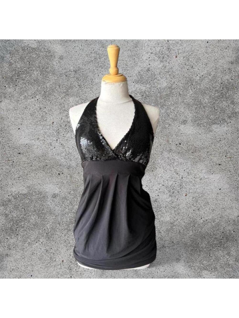 black sequin halter mini dress with front pockets
